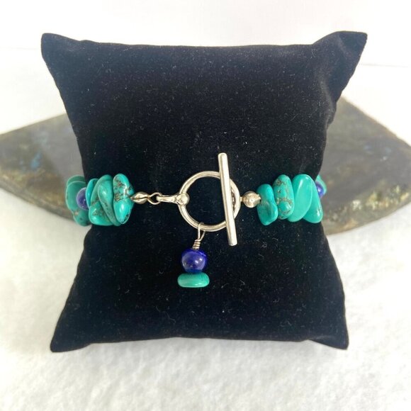 Sterling Silver 925 Dakota West Turquoise Chip & Round Lapis Beaded Bracelet 7" - Picture 3 of 16